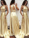 A-Line/Princess High Neck Sleeveless Satin Sweep/Brush Train Beading Two Piece Dresses - Prom Dresses
