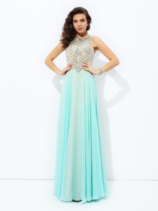 A-line/Princess Jewel Beading Sleeveless Long Chiffon Dresses - Prom Dresses