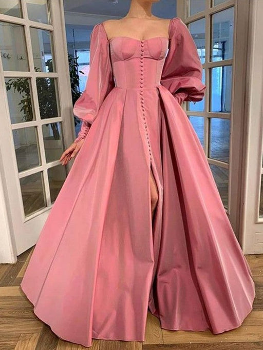 A-Line/Princess Long Sleeves Square Ruffles Satin Floor-Length Dresses - Prom Dresses