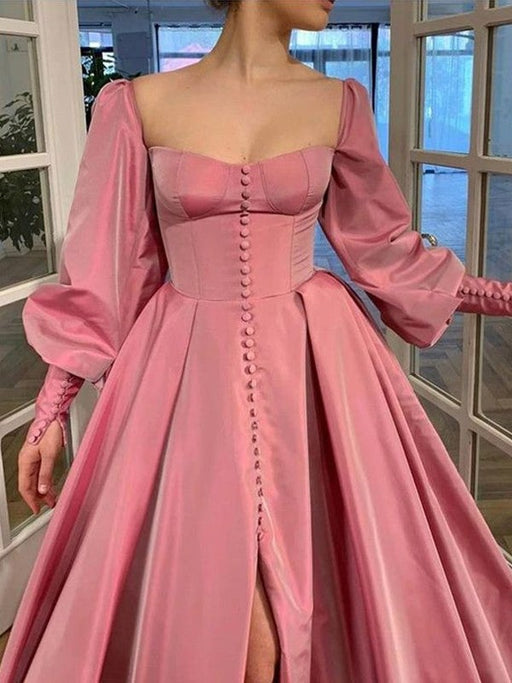 A-Line/Princess Long Sleeves Square Ruffles Satin Floor-Length Dresses - Prom Dresses