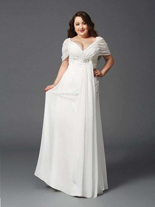 A-Line/Princess Off-the-Shoulder Ruched Short Sleeves Long Chiffon Plus Size Dresses - Prom Dresses