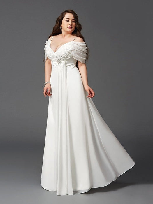 A-Line/Princess Off-the-Shoulder Ruched Short Sleeves Long Chiffon Plus Size Dresses - Prom Dresses