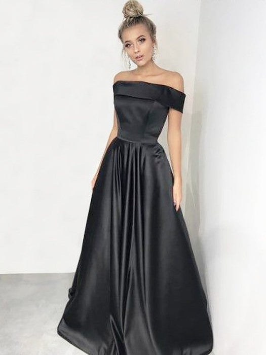 A-Line/Princess Off-the-Shoulder Sleeveless Sweep/Brush Train Ruffles Satin Dresses - Prom Dresses