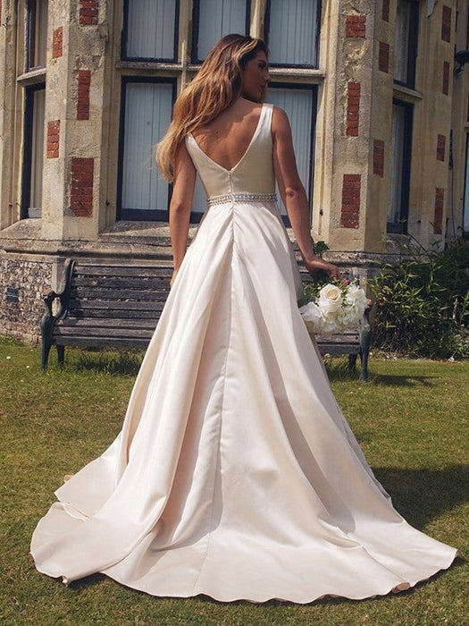 A-Line/Princess Satin Beading V-neck Sleeveless Sweep/Brush Train Dresses - Prom Dresses