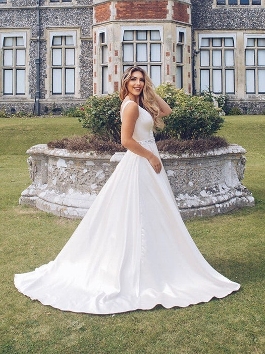 A-Line/Princess Satin Beading V-neck Sleeveless Sweep/Brush Train Dresses - Prom Dresses