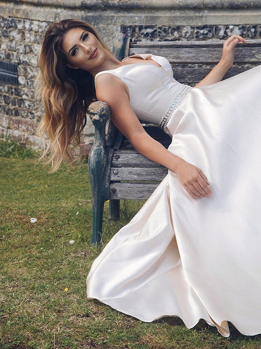 A-Line/Princess Satin Beading V-neck Sleeveless Sweep/Brush Train Dresses - Prom Dresses