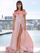 A-Line/Princess Satin Off-the-Shoulder Sleeveless Hand-Made Flower Sweep/Brush Train Dresses - Prom Dresses