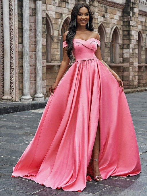 A-Line/Princess Satin Sleeveless Ruffles Off-the-Shoulder Court Train Dresses - Prom Dresses