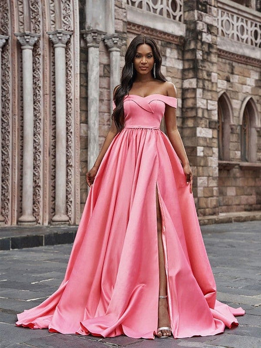 A-Line/Princess Satin Sleeveless Ruffles Off-the-Shoulder Court Train Dresses - Prom Dresses