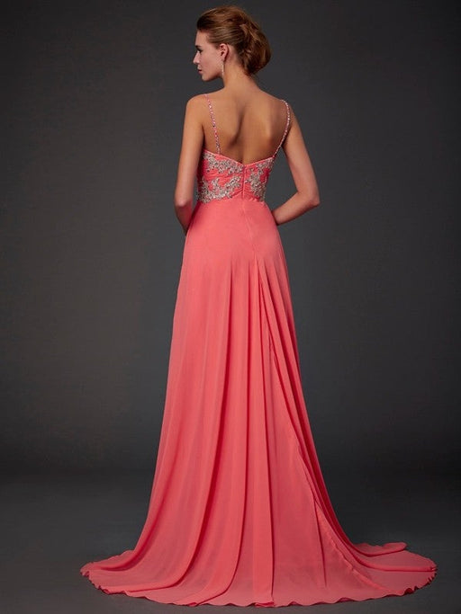 A-Line/Princess Scoop Sleeveless Lace Sweep/Brush Train Chiffon Dresses - Prom Dresses
