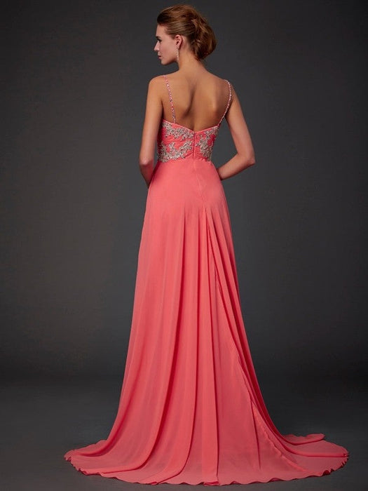 A-Line/Princess Scoop Sleeveless Lace Sweep/Brush Train Chiffon Dresses - Prom Dresses