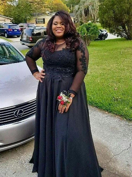 Plus Size Aline Long Sleeves Chiffon Black Evening Dresses-Brideliy Bridelily Plus Size Aline Long Sleeves Chiffon Black Evening Dresses-Brideliy Bridelily