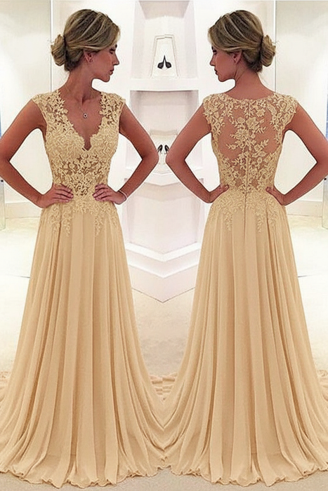 Champagne A-Line/Princess Sleeveless Chiffon Lace V-neck Sweep/Brush Train Dresses - Prom Dresses