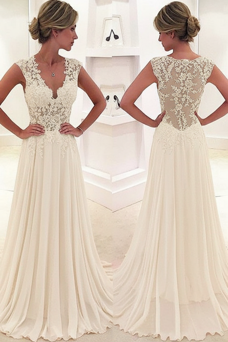 Ivory A-Line/Princess Sleeveless Chiffon Lace V-neck Sweep/Brush Train Dresses - Prom Dresses