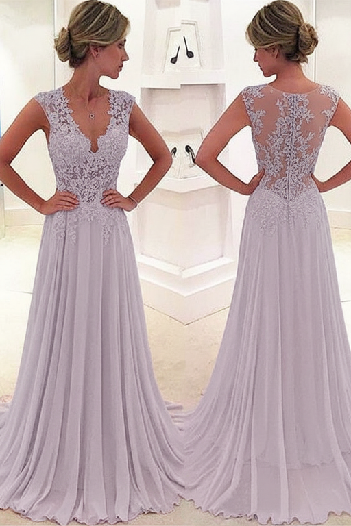 Lavender A-Line/Princess Sleeveless Chiffon Lace V-neck Sweep/Brush Train Dresses - Prom Dresses