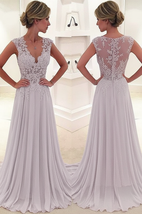 Lilac A-Line/Princess Sleeveless Chiffon Lace V-neck Sweep/Brush Train Dresses - Prom Dresses