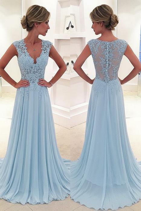 Sky Blue A-Line/Princess Sleeveless Chiffon Lace V-neck Sweep/Brush Train Dresses - Prom Dresses