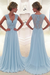 Sky Blue A-Line/Princess Sleeveless Chiffon Lace V-neck Sweep/Brush Train Dresses - Prom Dresses