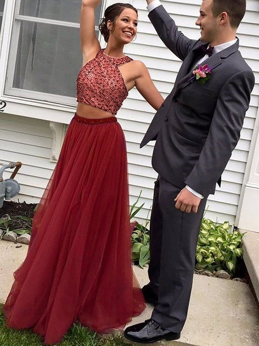 A-Line/Princess Sleeveless Halter Tulle Beading Floor-Length Two Piece Dresses - Prom Dresses