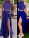 A-Line/Princess Sleeveless High Neck Elastic Woven Satin Beading Sweep/Brush Train Two Piece Dresses - Prom Dresses