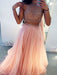 A-Line/Princess Sleeveless High Neck Tulle Beading Sweep/Brush Train Two Piece Dresses - Prom Dresses