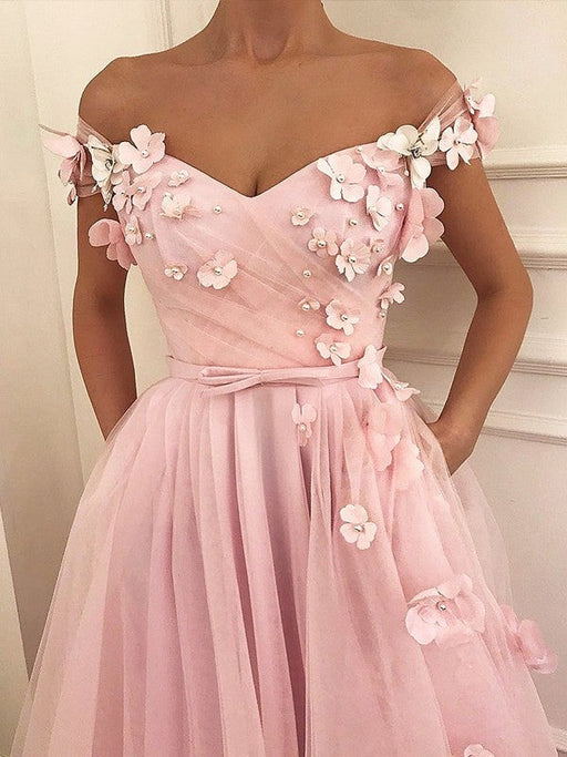 A-Line/Princess Sleeveless Off-the-Shoulder Floor-Length Applique Tulle Dresses - Prom Dresses