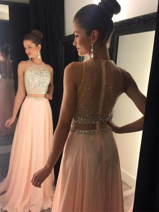 A-Line/Princess Sleeveless Scoop Beading Sweep/Brush Train Chiffon Dresses - Prom Dresses