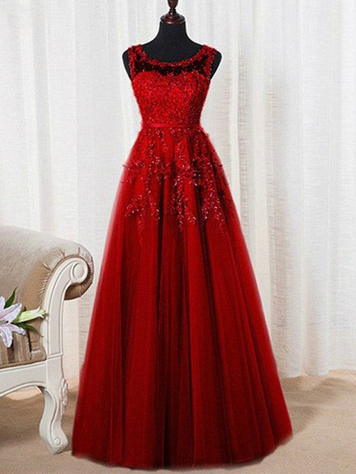 A-Line/Princess Sleeveless Scoop Floor-Length Tulle Beading Dresses - Prom Dresses