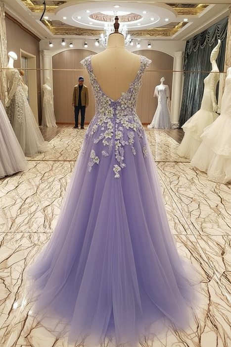 A-Line/Princess Sleeveless Scoop Floor-Length Applique Tulle Dresses - Prom Dresses