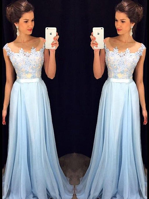 A-Line/Princess Sleeveless Sheer Neck Applique Chiffon Sweep/Brush Train Dresses - Prom Dresses
