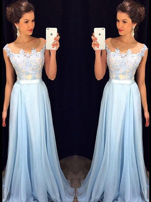 A-Line/Princess Sleeveless Sheer Neck Applique Chiffon Sweep/Brush Train Dresses - Prom Dresses