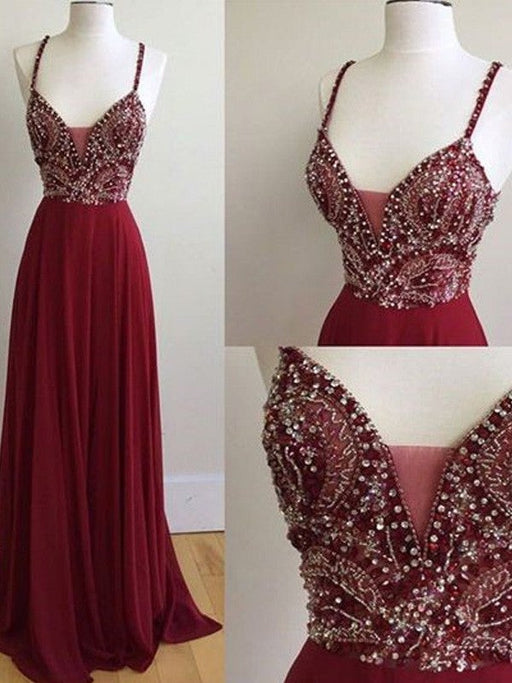A-Line/Princess Sleeveless Spaghetti Straps Chiffon Floor-Length Beading Dresses - Prom Dresses