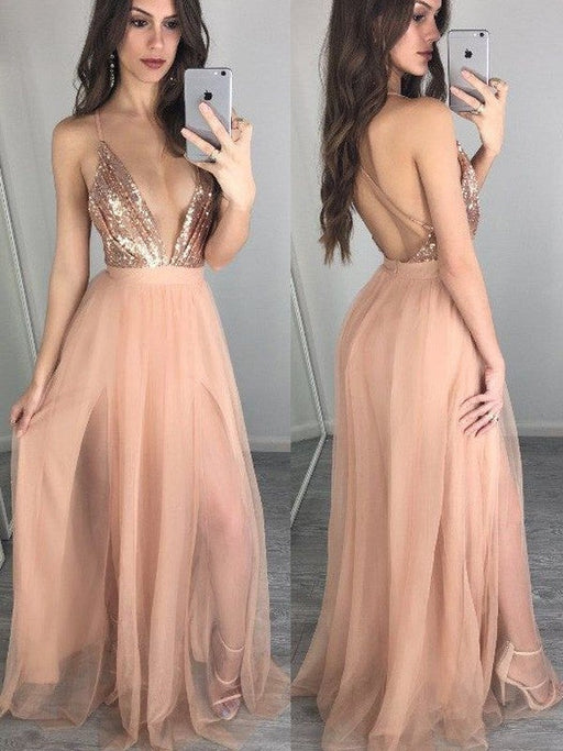 A-Line/Princess Sleeveless Spaghetti Straps Chiffon Floor-Length Sequin Dresses - Prom Dresses