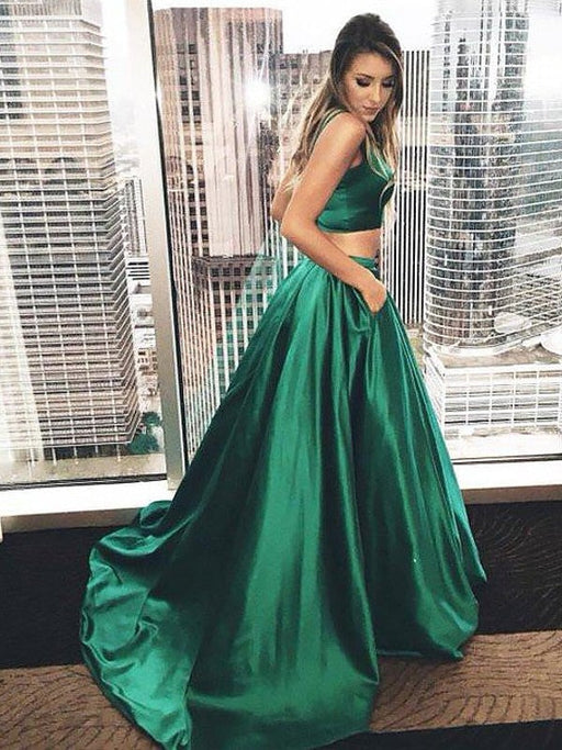 A-Line/Princess Sleeveless Square Floor-Length Ruffles Satin Two Piece Dresses - Prom Dresses