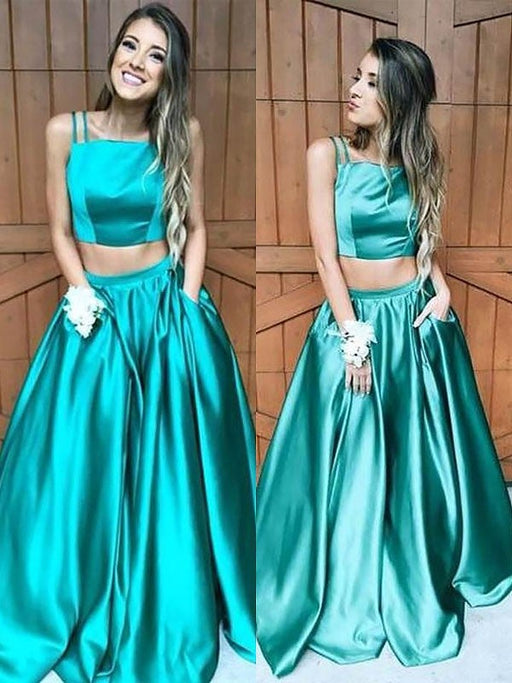 A-Line/Princess Sleeveless Square Floor-Length Ruffles Satin Two Piece Dresses - Prom Dresses