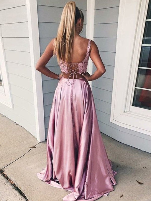A-Line/Princess Sleeveless Square Sweep/Brush Train Applique Silk like Satin Two Piece Dresses - Prom Dresses