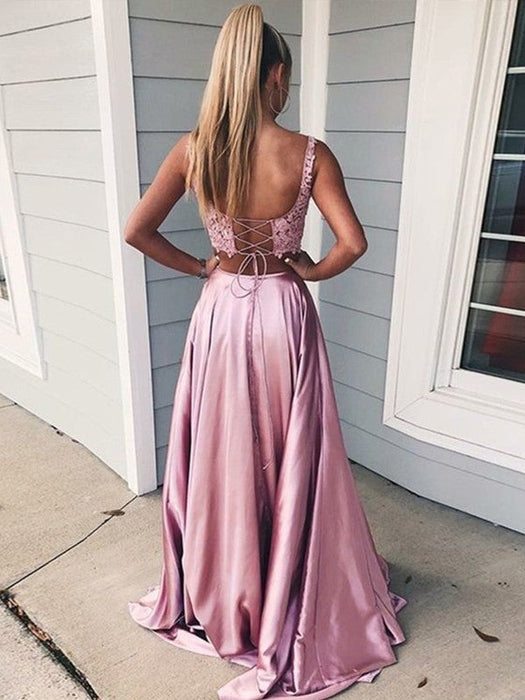 A-Line/Princess Sleeveless Square Sweep/Brush Train Applique Silk like Satin Two Piece Dresses - Prom Dresses