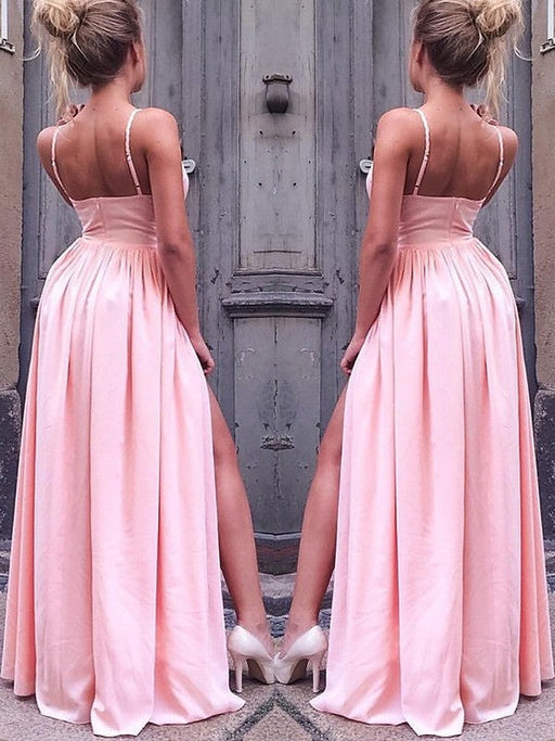 A-Line/Princess Sleeveless Straps Floor-Length Ruched Silk like Satin Dresses - Prom Dresses