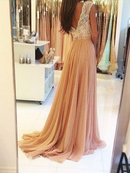 A-Line/Princess Sleeveless V-neck Chiffon Beading Sweep/Brush Train Dresses - Prom Dresses