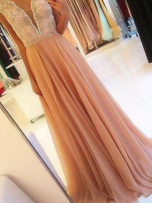 A-Line/Princess Sleeveless V-neck Chiffon Beading Sweep/Brush Train Dresses - Prom Dresses