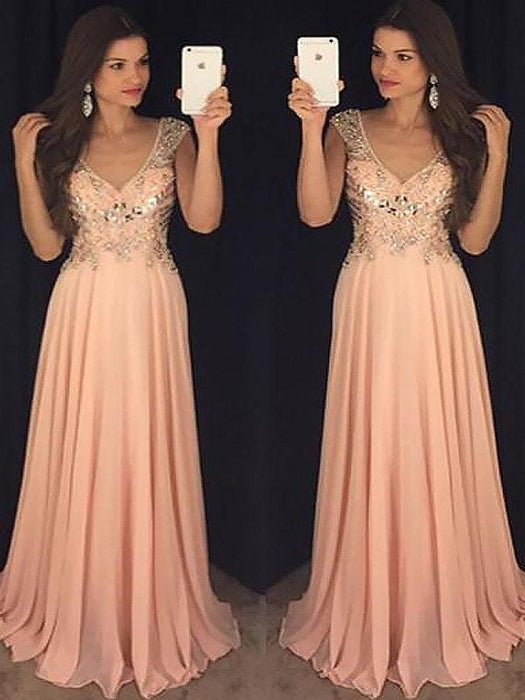 A-Line/Princess Sleeveless V-neck Chiffon Paillette Floor-Length Dresses - Prom Dresses