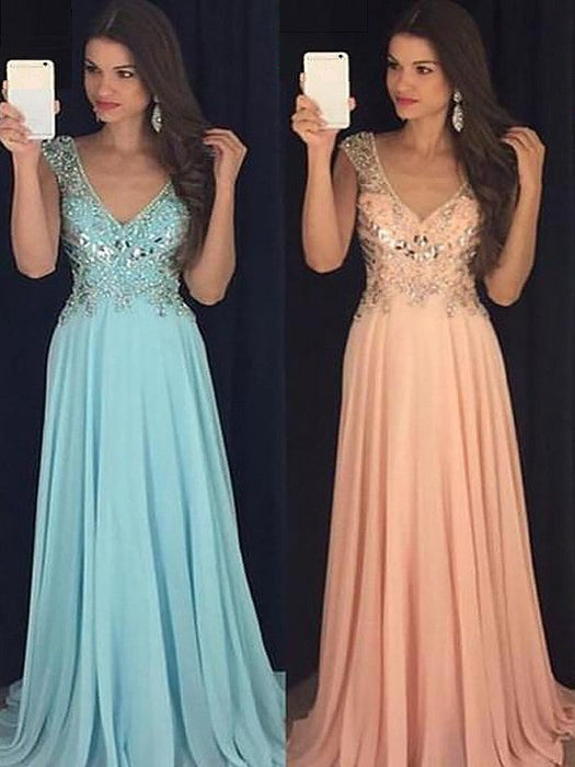 A-Line/Princess Sleeveless V-neck Chiffon Paillette Floor-Length Dresses - Prom Dresses
