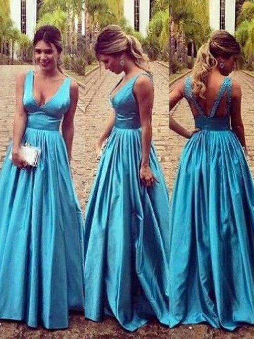 A-Line/Princess Sleeveless V-neck Elastic Woven Satin Ruched Floor-Length Dresses - Prom Dresses
