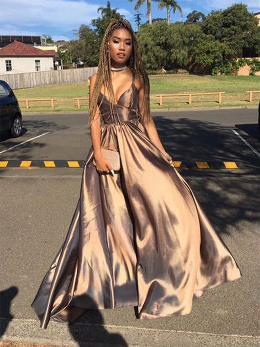 A-Line/Princess Sleeveless V-neck Floor-Length Ruffles Satin Dresses — Bridelily