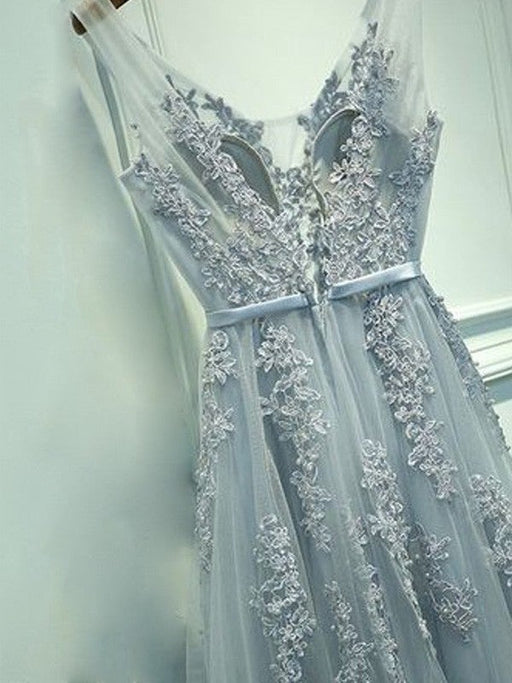 A-Line/Princess Sleeveless V-neck Tulle Applique Floor-Length Dresses - Prom Dresses