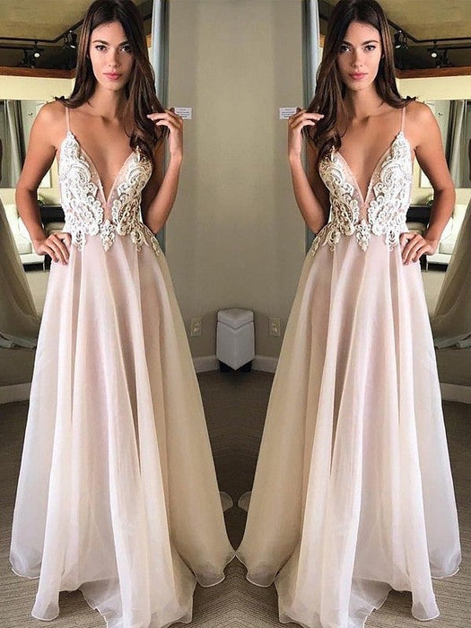 A-Line/Princess Spaghetti Straps Sleeveless Sweep/Brush Train Applique Chiffon Dresses - Prom Dresses