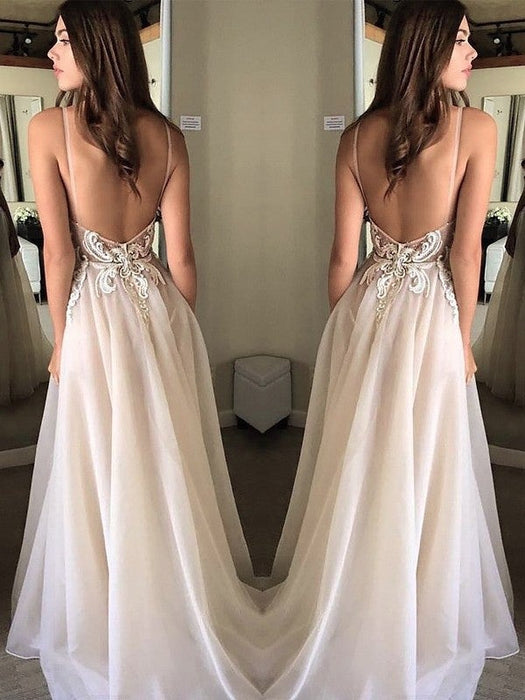 A-Line/Princess Spaghetti Straps Sleeveless Sweep/Brush Train Applique Chiffon Dresses - Prom Dresses