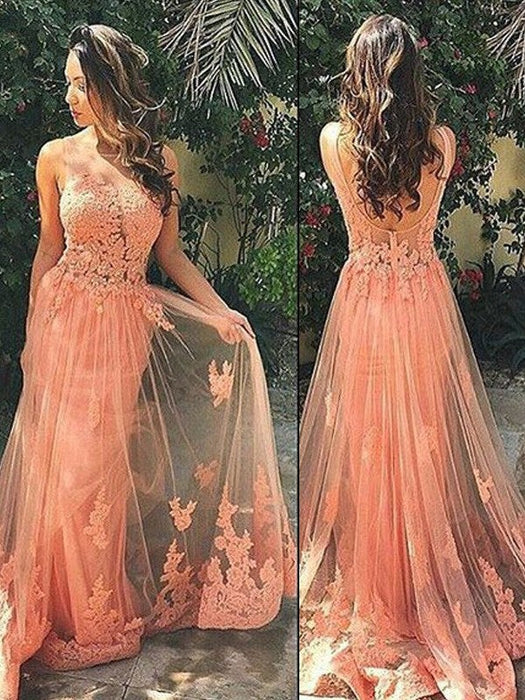 A-Line/Princess Straps Sleeveless Tulle Sweep/Brush Train Applique Dresses - Prom Dresses