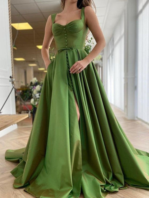 A-Line/Princess Sweep/Brush Train Straps Sleeveless Satin Ruffles Dresses - Prom Dresses
