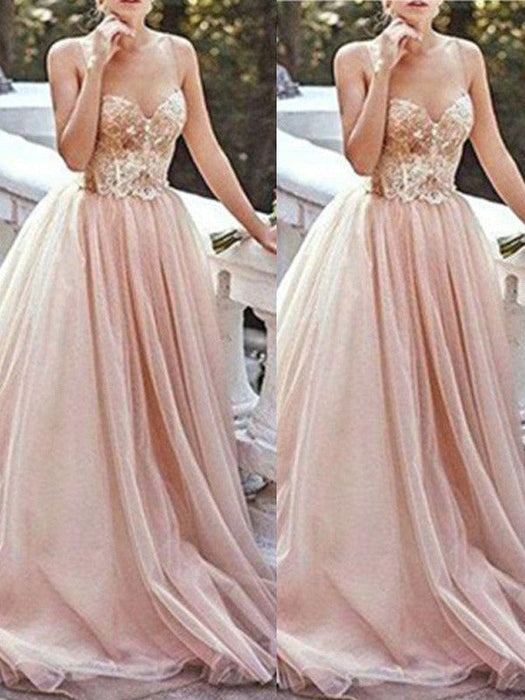 A-Line/Princess Sweetheart Sleeveless Sweep/Brush Train Beading Tulle Dresses - Prom Dresses